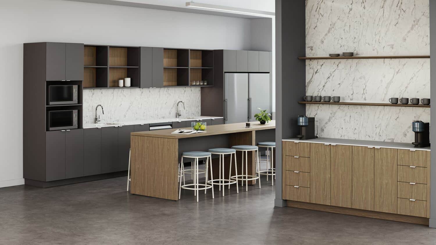 Teammates project — commercial break room with marble backsplash