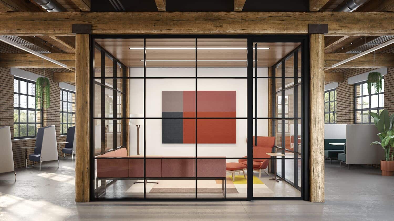 Teammates project — executive office with glass wall and exposed brick