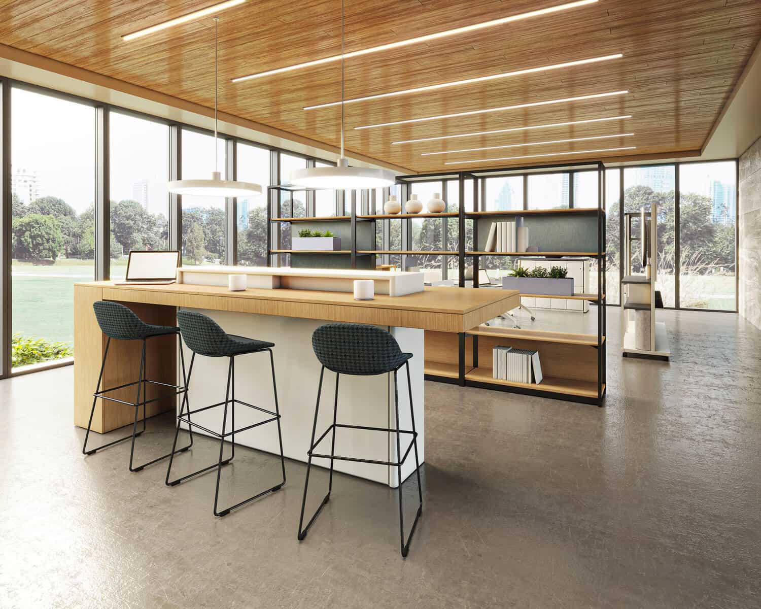 Teammates project — communal bar and bench seating with city views